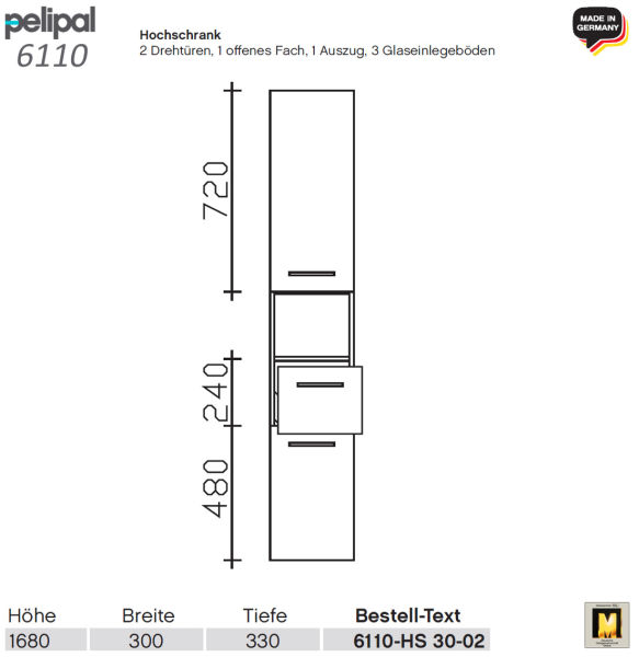 Pelipal 6110-HS30-02-B Hochschrank 168 x 30 x 33 cm Sangallo Braun